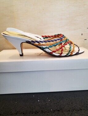 Vintage Bandolino White Leather Kitten Heel Mules Multicolor Braided Straps